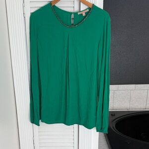 Gibson Latimer Emerald Blouse with Beaded Neckline